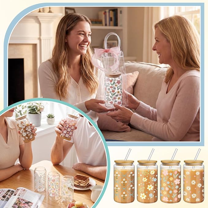 Mumufy 8 Sets Daisy Flower Glass Cups with Clear Gift Bag 16 oz Reusable Pink Yellow Iced Coffee Mugs Aesthetic Cute Tumbler with Lids and Straws, Gifts for Girls Women Bridesmaid