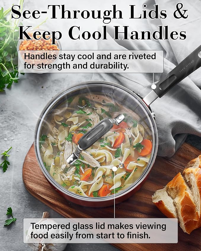 Cook N Home Professional Pots and Pans Nonstick Cookware Set, Kitchen Cooking Set with Frying Pans and Saucepans, Induction Compatible, 12-Piece, Red