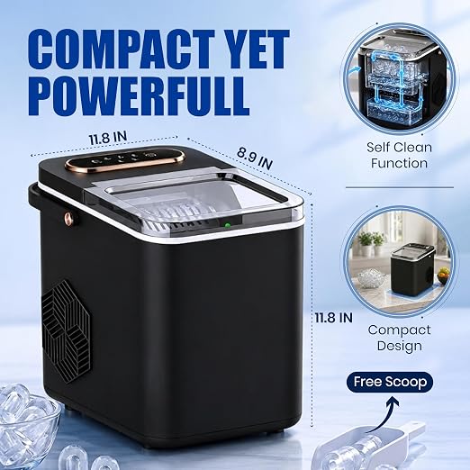 Countertop Ice Maker Machine, 26 lbs/Day Ice 1.4L Tank, 9 Ice Cubes in 6Min | Compact, quiet & energy-efficient with self-cleaning, viewing window, ice basket & scoop. Just fill, plug in & enjoy