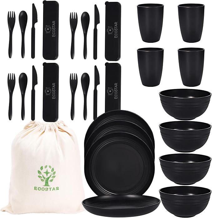 ECOSTAR Wheat Straw Dinnerware Sets Unbreakable Plates Bowls and Cups Reusable Utensils Dishwasher Microwave Safe Bowls and Plates Sets (Black)
