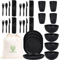ECOSTAR Wheat Straw Dinnerware Sets Unbreakable Plates Bowls and Cups Reusable Utensils Dishwasher Microwave Safe Bowls and Plates Sets (Black)