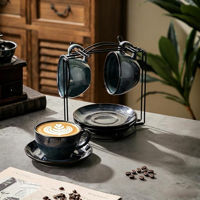 4 Sets of 8 oz Green Reactive Glaze Coffee Cups with Saucers, Ceramic Espresso Cups Set with Black Metal Stand – Unique Variegated Finish Stoneware Demitasse for Latte, Cappuccino or Gift