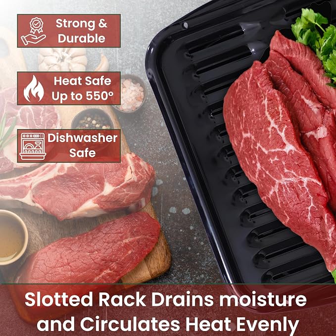 Broiler Pan for Oven Nonstick 16.75” x 13” Ceramic Coated - Broiling Pan for Oven Withstands Heat up to 550° F - Heavy Duty Broil Pans and Rack Circulate Heat and Drain Fat (Black)