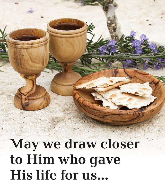 Christian Wedding Gifts – Olive Wood Communion Set Made in Bethlehem – 2 small Cups (3") & Bread Tray for Marriage Unity Ceremony – Authentic Holy Land Gift for Bride & Groom with Certificate