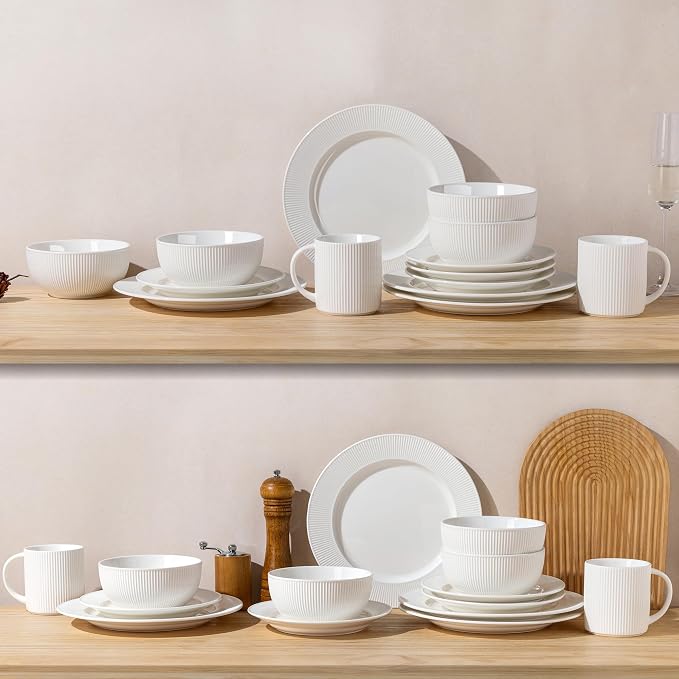 TheTerra Stoneware Dinnerware Sets for 4, 12 Pieces Ceramic Plates and Bowls Sets, Scratch Resistant Embossed Dish Set, Oven, Microwave & Dishwasher Safe, Bright White