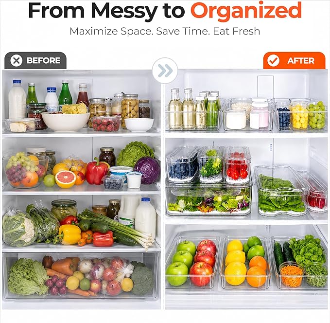 SMRCAD Refrigerator Organizers and Storage, 6 Pack with 1 Pull-Out Drawer and 5 Lidded Bins, Fruit Storage Containers for Fridge with Drain Trays, Helps Keep Produce Fresh