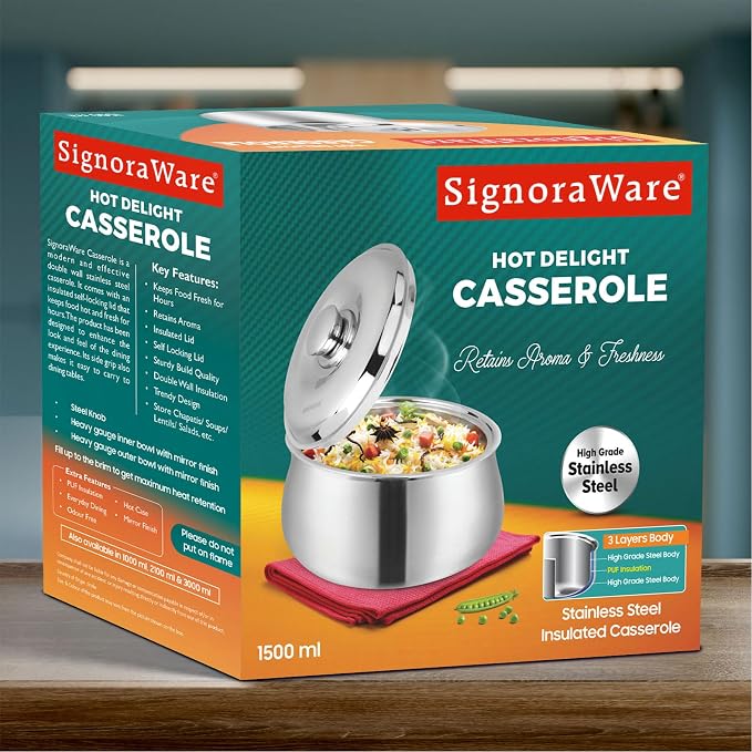 SIGNORA WARE Large Insulated Casserole Dish with Lid 1500ml. Stainless steel Hot Pot Food Warmer/Cooler -Thermal Soup/Salad Serving Bowl Stainless Steel Hot Food Container–Best Gift Set for Moms