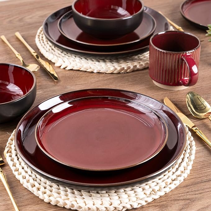 GBHOME Dinnerware Sets for 4, 12 Pieces Stoneware Plates and Bowls Sets, Scratch Resistant Ceramic Dishes, Dishwasher & Microwave Safe, Reactive Glaze-Burgundy
