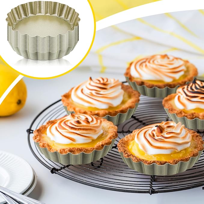 Uiifan 32 Pcs Mini Tart Pans, 4 Inch Nonstick Egg Tart Molds with Removable Bottom, Round Fluted Quiche Pan for Pie, Mousse Cake, Dessert Baking,Cheesecake, Gold