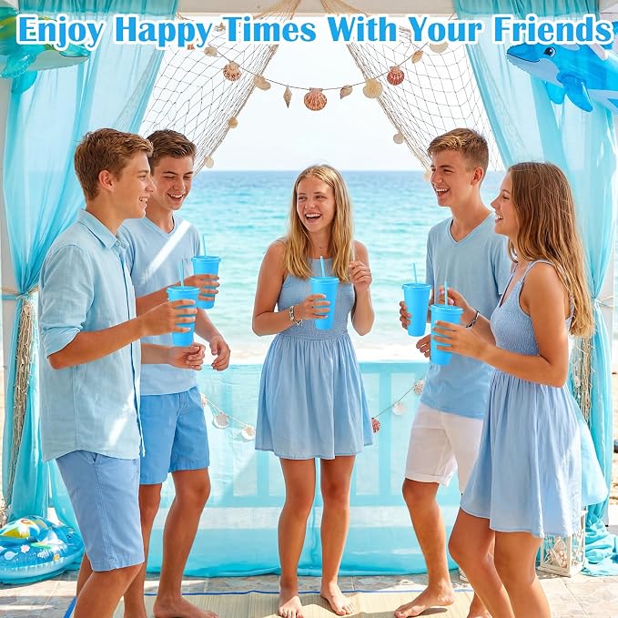 Honeydak 30 Pack Tumbler with Straw and Lid Bulk Cups for Gifts Glitter Plastic Coffee Cups 24-27 oz Reusable Water Bottle Iced Coffee Travel Mug Party Favors for Birthdays Travel (Solid Light Blue)