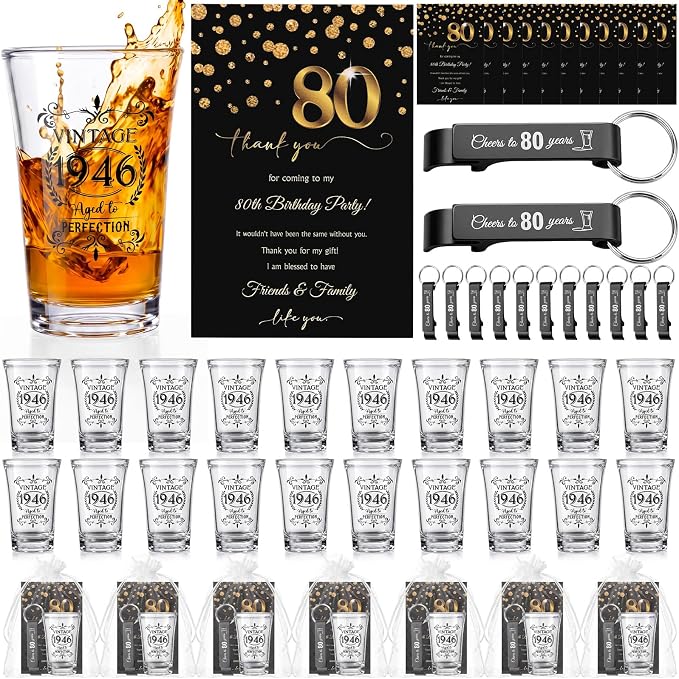 LemonRoad 100 Set 80th Birthday Party Favor for Guest Bulk, 1.4oz Plastic Shot Glasses Cup, Cheers to 40/50/60/70/80 Years Beer Bottle Opener Keychain Thank You Card Gift Bag for Souvenir Party Gift