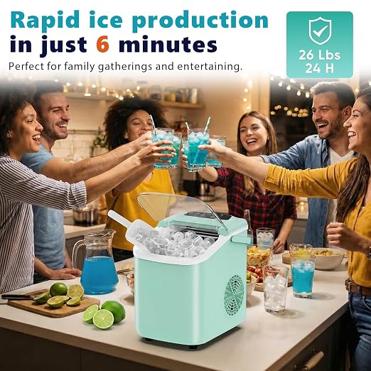 OLIXIS Countertop Ice Maker with Self-Cleaning, Portable Ice Maker Machine with Ice Scoop, 26Lbs/24H, 9 Cubes in 6 Mins, 2 Sizes of Bullet Ice for Home, Kitchen, Office