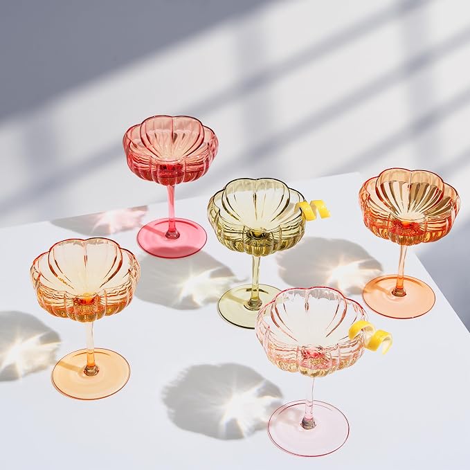 Khen Flower Vintage Wavy Glass Coupes Martini, Champagne & Cocktail Coupes - Set of 5-7oz Colorful Cocktail Glasses & Champagne, Prosecco, Mimosa Glassware Gift, Copyright Design - Summer Flora Coupes