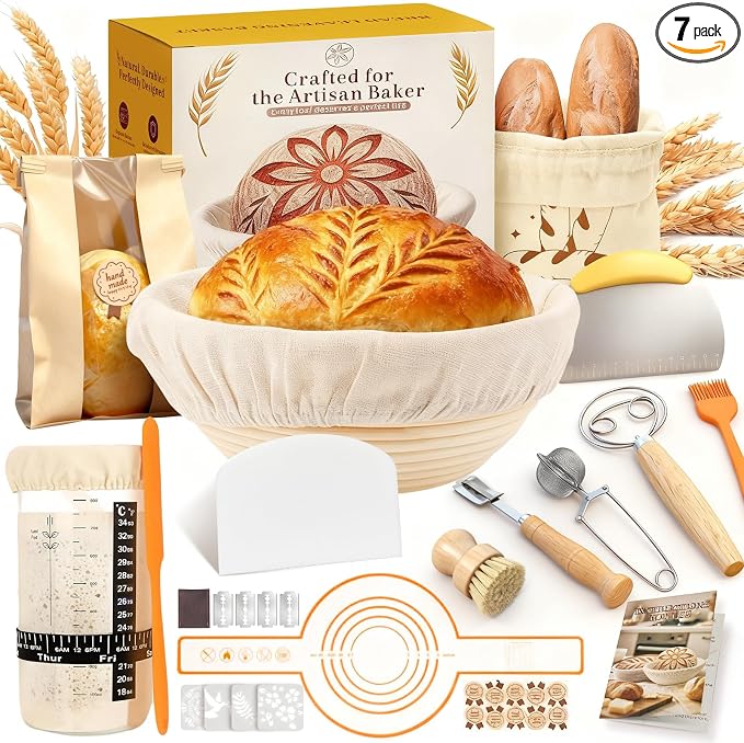 Complete Sourdough Starter Kit with Manual | Easy to Clean for Beginners | Sourdough Bread Baking Supplies with Round Bread Proofing Basket, Bread Sling, Starter Jar, Dough Whisk, Scrapers, Bag