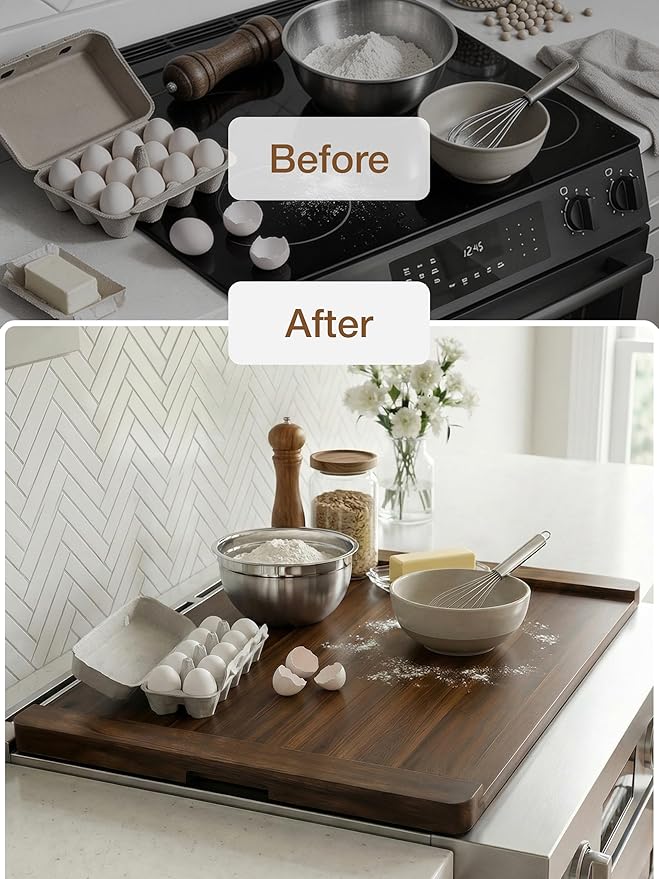 TIDITA Acacia Wooden Stove Top Cover - 29.5x21.7 Noodle Board Stove Cover - Stove Top Cover For Gas Stove, Electric Stove - Gas Stove Cover Board with Recessed Handles, No Assembly (Walnut color)