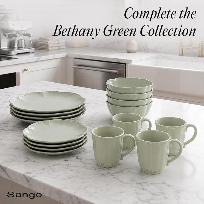 SANGO Bethany Sage Mugs Set of 4, 12 oz Stoneware Green Coffee Mugs, Vibrant Ceramic Drinkware for Coffee, Tea or Cocoa, Durable Everyday Cups, Dishwasher & Microwave Safe, Kitchen Mug Set