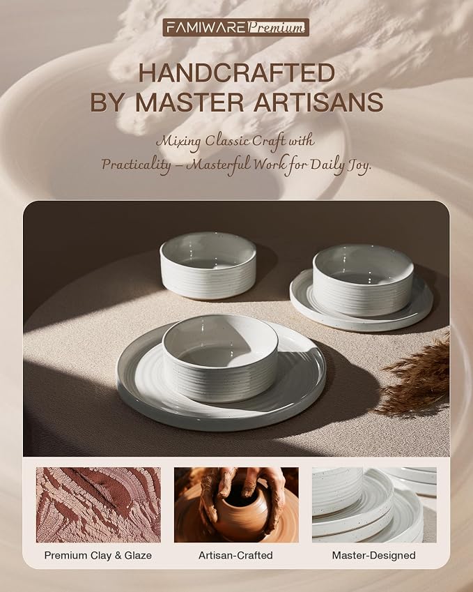 Stoneware Dinnerware Sets for 6, 18-Piece High Edge Plates and Bowls with Speckled Glaze & Spiral Design - Chip & Scratch Resistant, Microwave & Dishwasher Safe - Gift Box, White