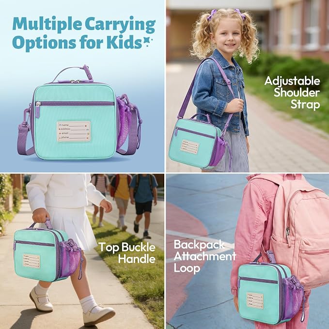 Itslife Bento Lunch Box for Kids Set, insulated food container, 7 oz thermos for hot food, 12 oz thermos water bottle, Reusable Insulated Ice Bag & Fork Spoon Utensils Camping Travel Purple