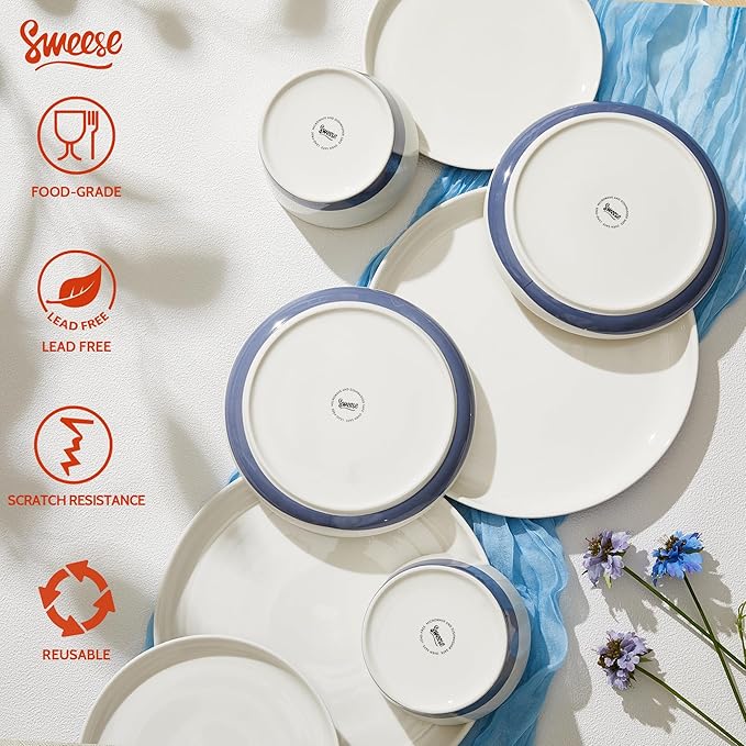 Sweese 18 Pieces Porcelain Dinnerware Set, Modern Dish Set for 6, Hand Painted Kitchen Plates and Bowls Sets, Scratch Resistant Dishware Sets, Dishwasher & Microwave & Oven Safe Dinner Set, Blue