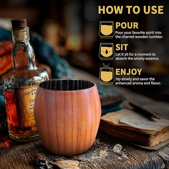 Charred Wooden Bourbon Drinking Glass, Bourbon Gifts for Men – 10 oz Wooden Old Fashioned Glasses Set Whiskey Tumbler | Birthday Whiskey Gifts for Men, Dad or Brother Original Bourbon Tumbler (2 Pack)