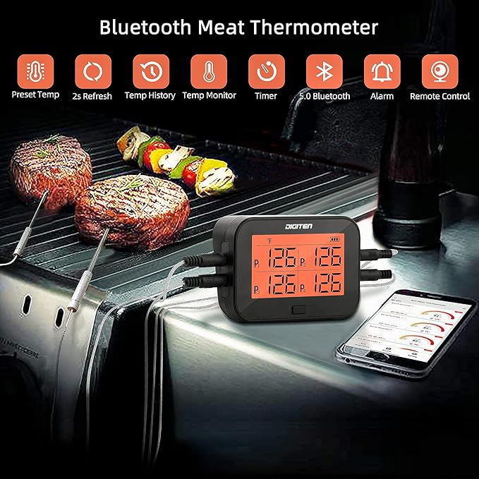 DIGITEN Bluetooth Grilling Thermometer Wireless Meat Thermometer with 4 Probes BBQ Thermometer Smoker Thermometer Instant Read Thermometer Smart Rechargeable Food Thermometer