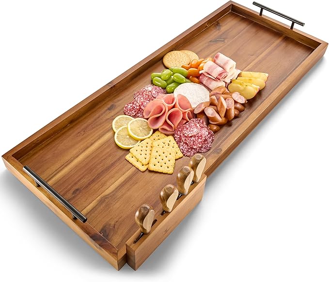 TIDITA Acacia 30 Inch Large Charcuterie Boards for Party with Cheese Knife Set of 4 – Acacia Wood Serving Tray with Handles, Long Charcuterie Board, Wooden Cheese Board