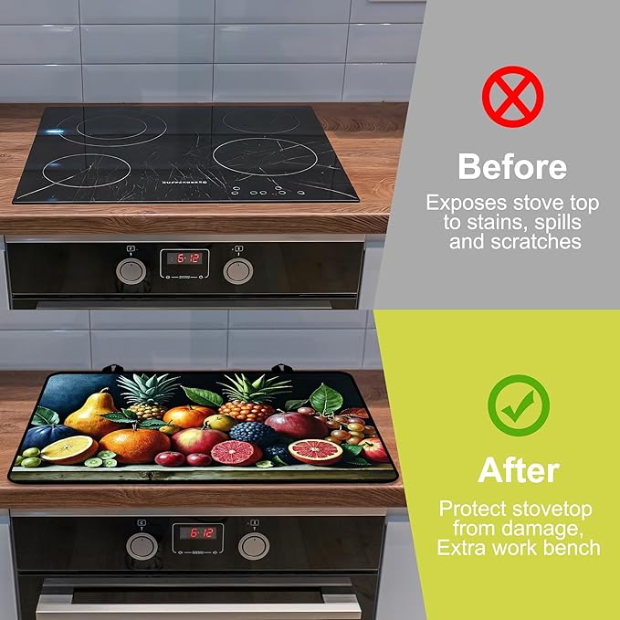 Glass Stove top Cover 28"x 20", Stove Top Covers for Electric Stove, Flat Range Mat for Glass Cooktop, Kitchen Heat-Resistant Protector Non-Slip Drying Mat (Assorted Fruits)