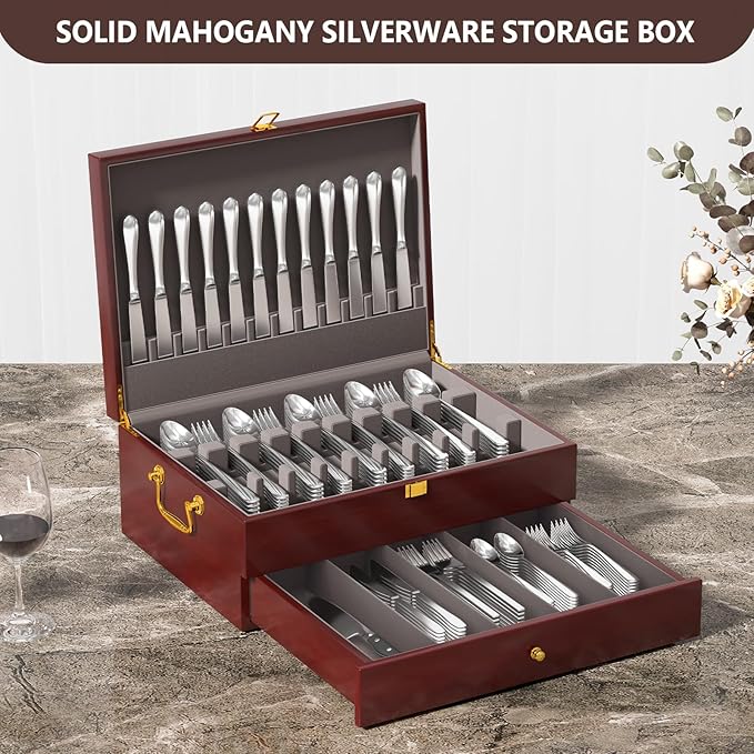 Mahogany Wood Silverware Storage Box,Silverware Case Flatware Chest with Felt Lined,Flatware Storage Box for 12 sets of Utensils（Walnut，2 Tier）