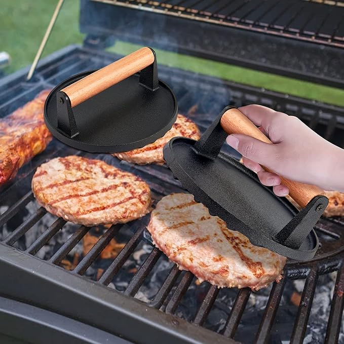 3Pcs Grill Press, Leonyo 7 Inch Round Cast Iron Burger Press, Heavy Duty Smash Burger Kit for Griddle Grill, Hamburger, Meat, Steak, Patty, Panini, Barbecue, Nonstick Pan