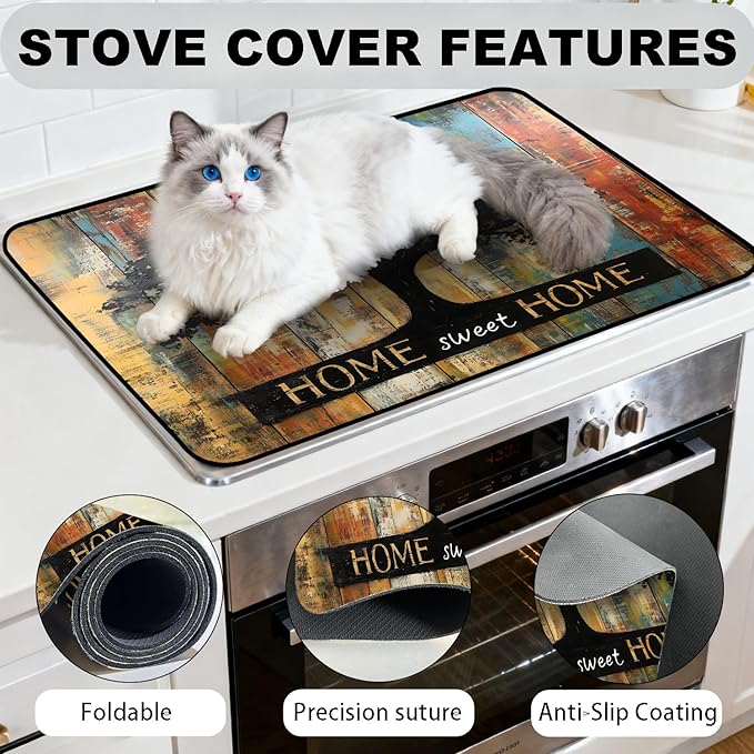 Stove Top Cover for Electric Stove, Vintage Farmhouse Style Glass Cooktop Protector, Multi-functional Kitchen Counter & Washer Top Cover