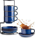 Gomakren 6 Ounce Cappuccino Cups with Saucers and Metal Stand, Stackable Coffee Cup Set of 4, Father's Day Porcelain Espresso Cups for Coffee Drinks, Cappuccino, Latte, Americano, Tea, Cobalt Blue
