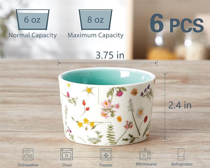 ONEMORE 6 oz Ramekins Oven Safe, Floral Ceramic Ramekin Set of 6 Mint Green Ramekins for Baking & Serving, Creme Brulee Dishes, Custard Pudding Souffle Cups, Small Dessert Bowls for Oven, Air Fryer
