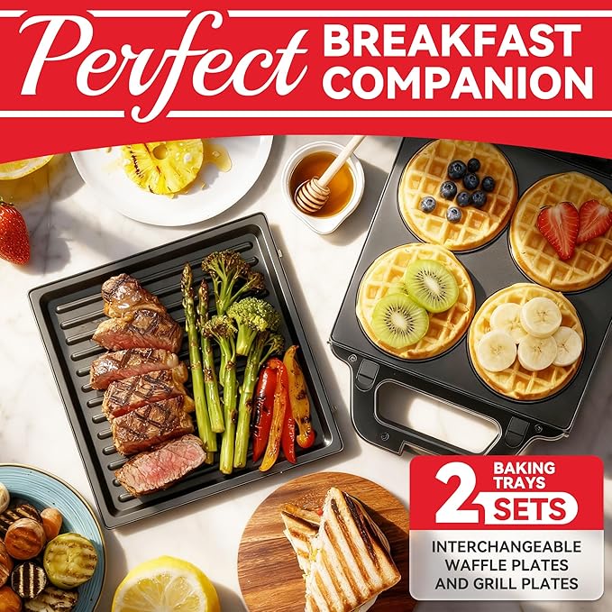 SugarWhisk 2 in 1 Mini Waffle Maker with Removable Plates, Panini Press Sandwich Maker, Sandwich Press, Waflera Electrica, Sandwichera Electrica, 4 X 4 Inch Classic Waffle Maker for Kids, Graphite