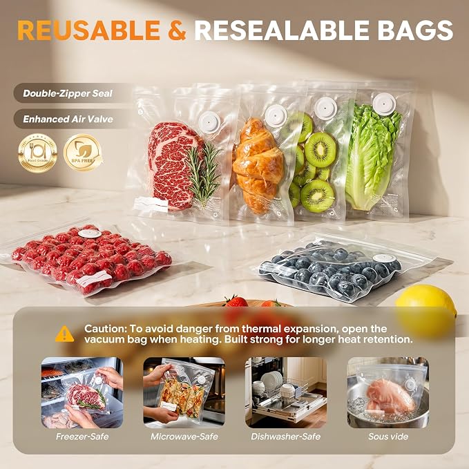 Reusable Vacuum Sealer Bags for Food – 30 BPA-Free Small (8 x 10 in) Food Storage Bags, Freezer Microwave Safe – Odor Resistant, Leak-Proof – Compatible with Compact Vacuum Sealer