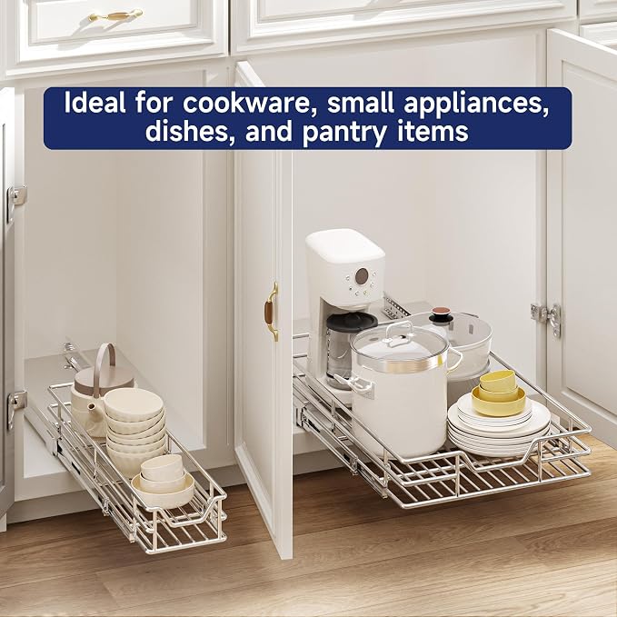 Pull Out Cabinet Organizer, 13.5" W x 18" D, Heavy Duty Chrome Slide Out Shelf for Base Cabinets, Sliding Wire Basket Drawer for Pantry Items, Bowls, Containers & Cleaning Supplies