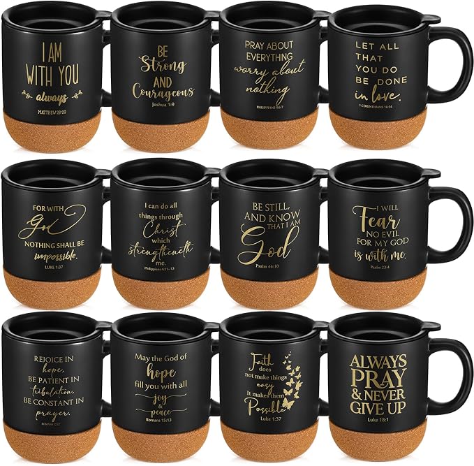 FillTouch 12 Pcs Christian Mug Gifts Bulk 15oz Religious Cup Cork Bottom Coffee Mug with Verse Inspirational Gift for Women Men Pastor Church Group Bible Study Member(Black,Classics)
