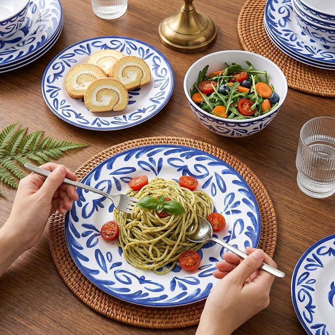 12-Piece Melamine Plates and Bowls Set - Blue & White Dinnerware Set， Service for 4, Lightweight Melamine Dishes Set for Indoor and Outdoor Use，Artistic Blue Floral