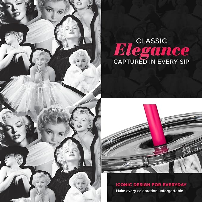 Dragon Glassware x Marilyn Monroe Tumbler with Straw & Lid, 24 oz | Vacuum Insulated Stainless Steel Tumbler with Straw & Lid; Double Walled Tumbler with Straw Charm; Marilyn Monroe Cup