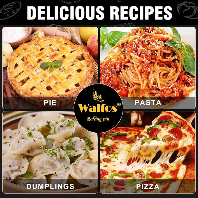 Walfos French Rolling Pin Set - Natural Wooden Rolling Pins (8inch, 15.7inch) With Non-stick Silicone Fiber Pastry Mat, Baking Dough Roller for Pizza, Pie, Pasta, Bread, Pastry