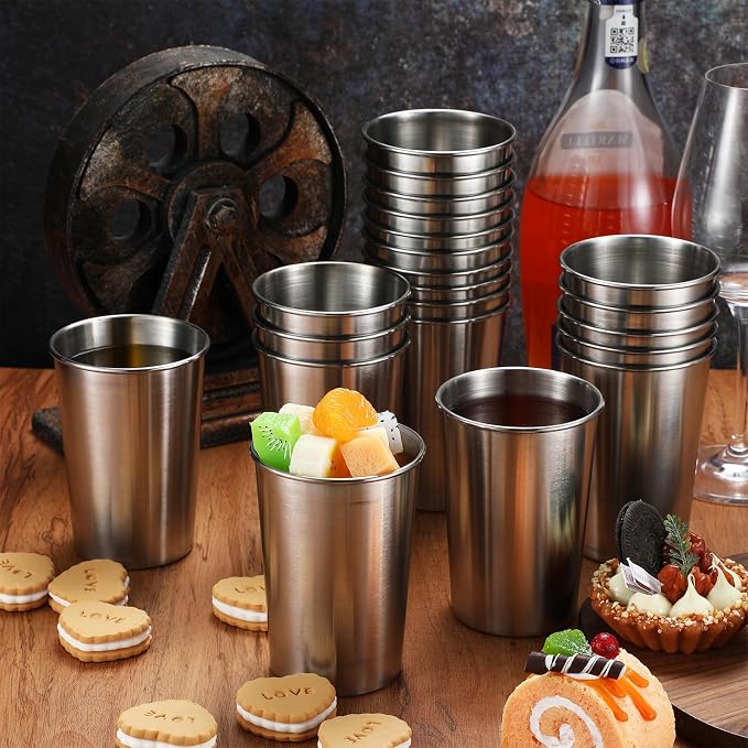 Uiifan 32 Pcs 12 oz Stainless Steel Cups for Adult Unbreakable Metal Stackable Camping Cup Stainless Steel Drinking Glasses Tumbler for Home Travel Outdoor Activities(Silver)