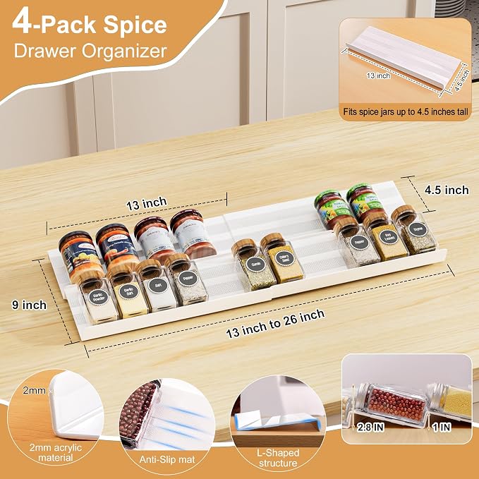 Spice Drawer Organizer 4 Tier, Adjustable White Kitchen Seasoning Rack Tray (13" to 26"), with Anti-Slip Mat, for Cabinet Countertop (Jars Not Included)-White