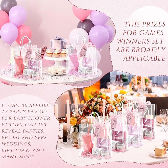 Nuogo 12 Sets New Parent Shower Prizes for Player Winners Adult, Wedding Bridal Shower Gift, Plastic Tumbler Notebook Scented Candle Ballpoint Pen Bag (Gradient Pink,Classic Style)