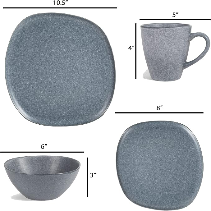 Elanze Designs 16-Piece Modern Luxury Chic Smooth Vintage Handmade Shape Matte Finish Ceramic Stoneware Square Plate Mug & Bowl Kitchen Dinnerware 16 Piece Set - Service for 4, Slate Grey