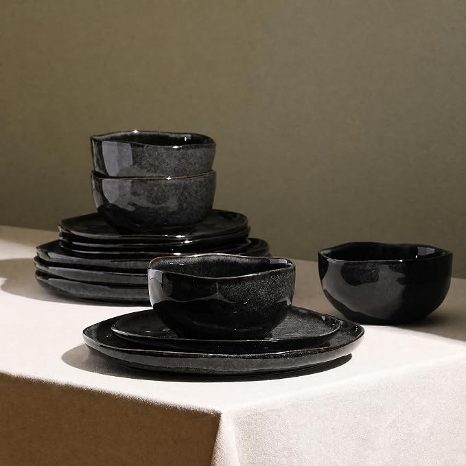 Stone Lain Mirella 24-Piece Stoneware Round Kitchen Dinnerware Set with Plates and Bowls, Service for 8, Charcoal