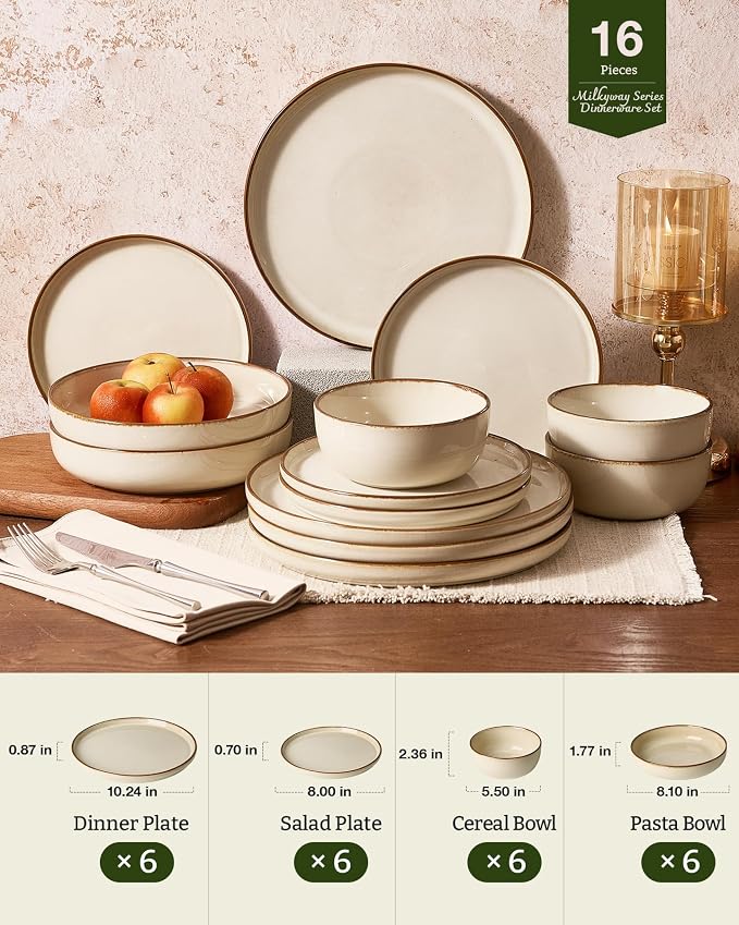 Famiware Milkyway Stoneware Dinnerware Set, 16-Piece, Including Pasta Bowl, Double Reactive Glaze, Plates and Bowls, Service for 4, Microwave and Dishwasher Safe, Scratch-Resistant, Light khaki