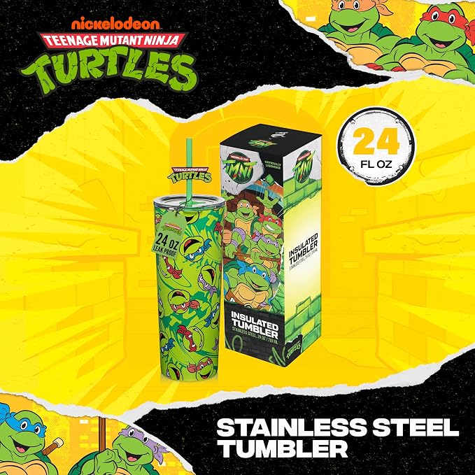 Dragon Glassware x Teenage Mutant Ninja Turtles Insulated Tumbler, 24 oz | Vacuum Insulated Stainless Steel Tumbler with Straw & Lid; Double Walled TMNT Tumbler with Straw Topper; Ninja Turtle Cup