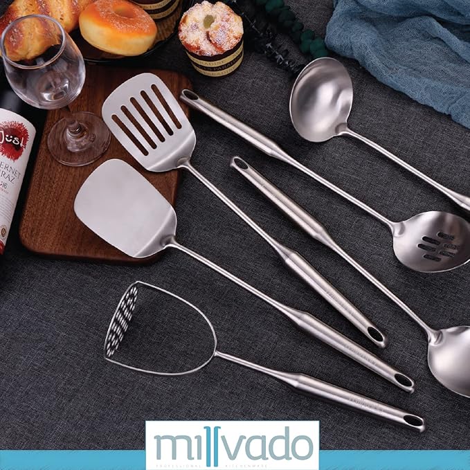 Millvado Stainless Steel Kitchen Utensil Set, Cooking Utensils, Set of 6 Kitchen Tools, Solid Spoon, Slotted Spoon, Solid Turner, Slotted Turner, Soup Ladle, Potato Masher, Dishwasher Safe