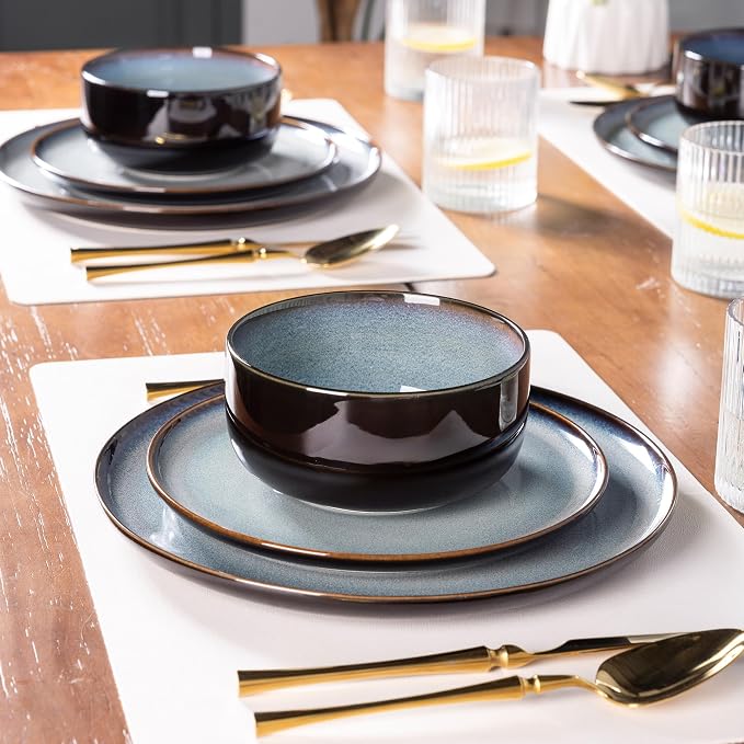 LeRatio Ceramic Dinnerware Sets for 4,Plates and Bowls Sets,Handmade Reactive Glaze Dishes Set,Chip Resistant and Scratch Resistant | Oven&Dishwasher & Microwave Safe,Service for 4-Black &Gray