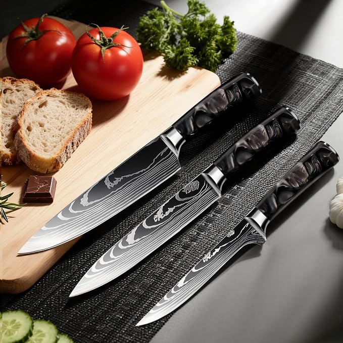 10-Piece Premium Japanese Kitchen Knife Set - Star Collection, Laser Damascus Pattern, 440A Stainless Steel Ultra Sharp for Fast Cutting (Black)