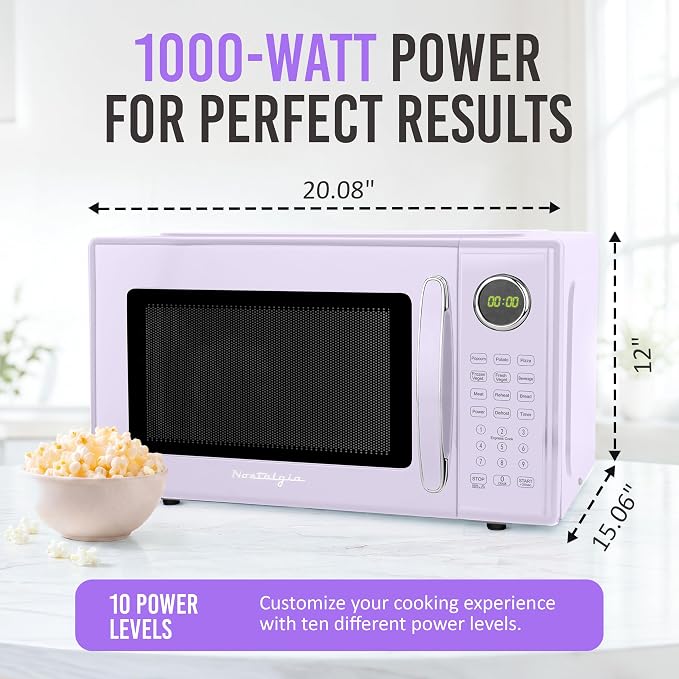 Nostalgia Modern Retro Compact Countertop Microwave Oven - 1.1 Cu. Ft. - 1000-Watts with LED Digital Display - Child Lock - Easy Clean Interior - Lavender